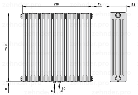Схема (чертеж) Радиатор Zehnder Charleston 5280/16 №3470 Белый глянцевый RAL 9016